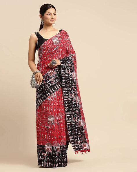 Indie Picks Women Kalamkari Print Saree with Tassels