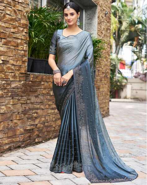 Buy HOUSE OF BEGUM Women's Light Grey Linen Woven Saree with Unstitched  Printed Blouse | Shoppers Stop