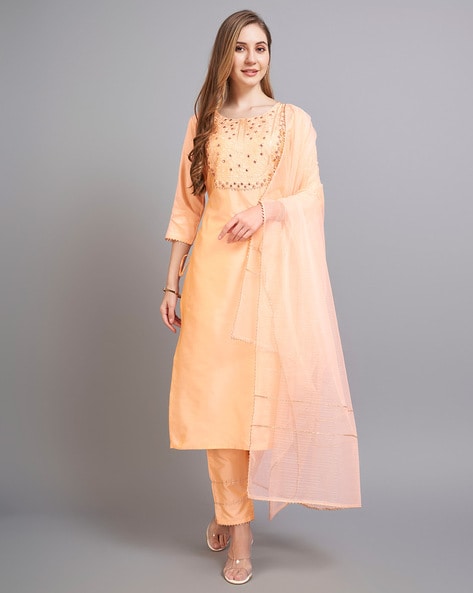 Women Embroidered Straight Kurta Suit Set Price in India