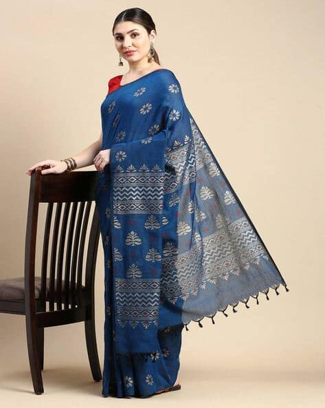 Indie Picks Floral Woven Bengal Tant Abhrak Cotton Saree