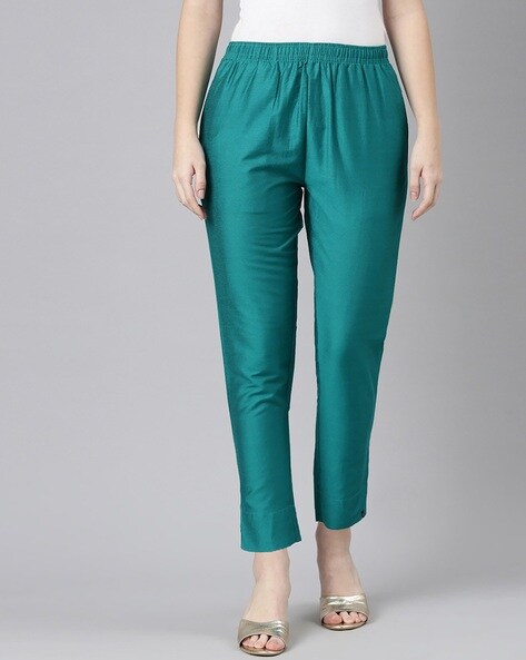 Women's Light Teal Wool Tapered-Fit Trousers