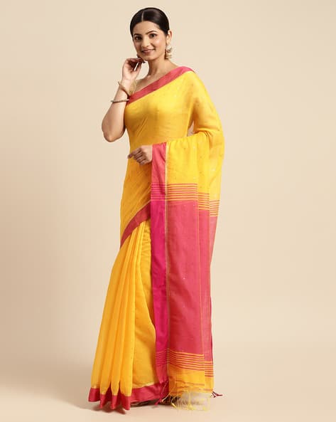 Indie Picks Women Woven Cotton Saree with Tassels