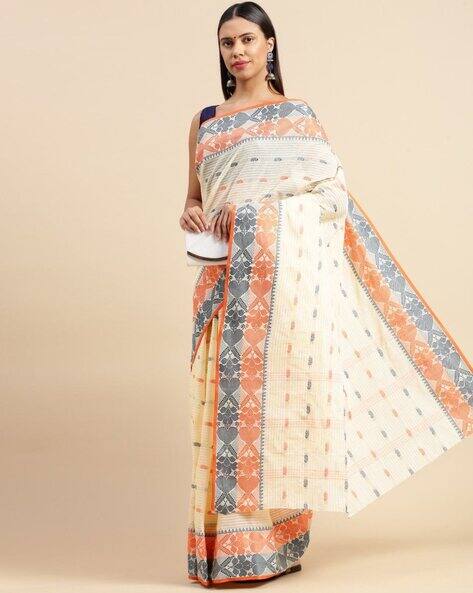 Indie Picks Handloom Bengal Tant Cotton Saree with Floral Woven Border