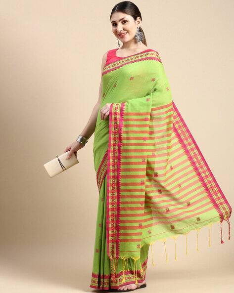 Indie Picks Handloom Bengali Tant Cotton Saree with Tassels