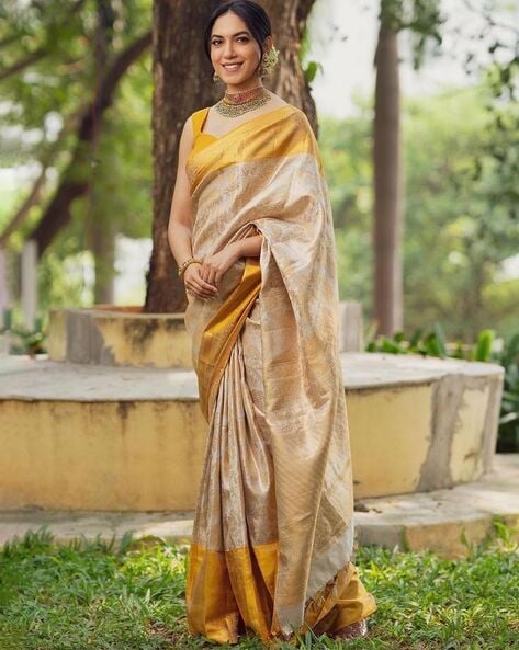 Yellow with Pink Pure Silk Saree