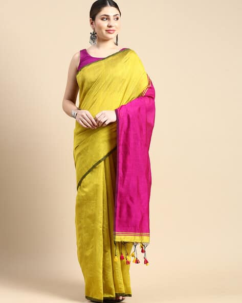 Indie Picks Women Woven Cotton Saree with Tassels