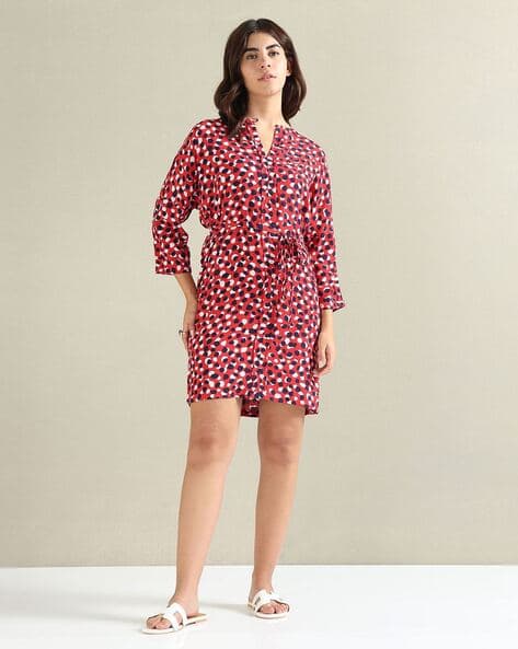 Women Speckle Print A-Line Dress with Tie-Up Waist
