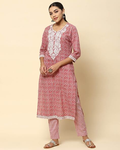 Buy Beige Cotton Block Print Floral Pattern Sierra Kurta And Pant Set For  Women by Pants and Pajamas Online at Aza Fashions.