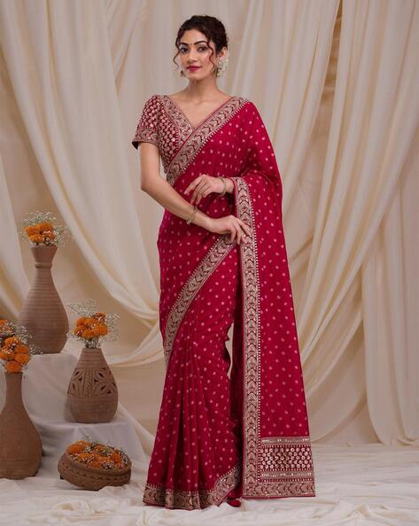 Buy Pink Border Work Vichitra Silk Saree Online