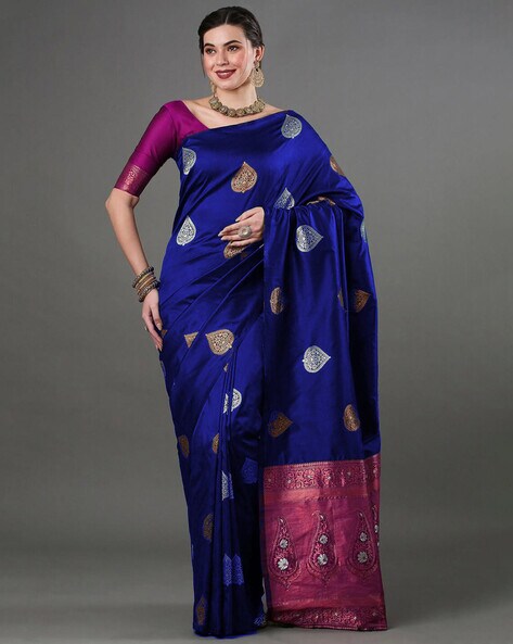 Handwoven Navy blue with Blue Temple Border Ilkal Silk Saree online