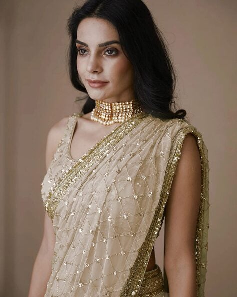 Bella Cream Net Sequins One Minute Saree | Saree, Sequin saree, Sequins  saree