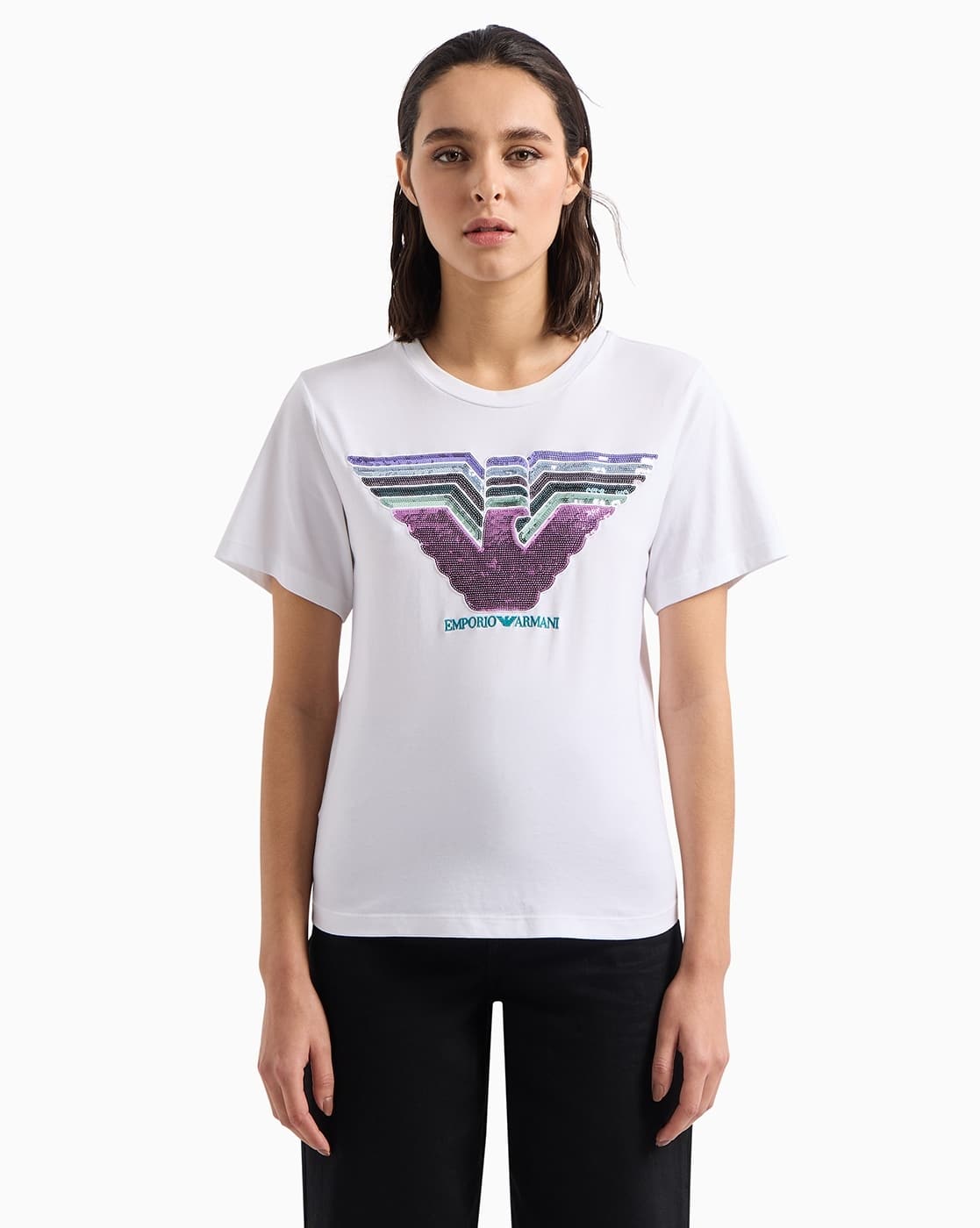 Buy EMPORIO ARMANI Half- Sleeves T-Shirt with Sequined Eagle Logo