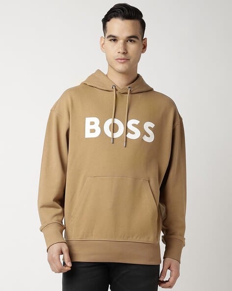 Buy BOSS Rubber Logo Print Cotton Terry Hoodie | Brown Color Men