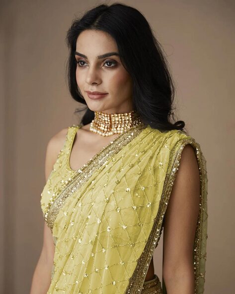 Embroidery Sequence Border Work Yellow Saree With Taffeta Silk Blouse –  Cygnus Fashion