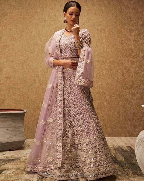 Violet Embroidered Semi Stitched Lehenga With Unstitched Blo