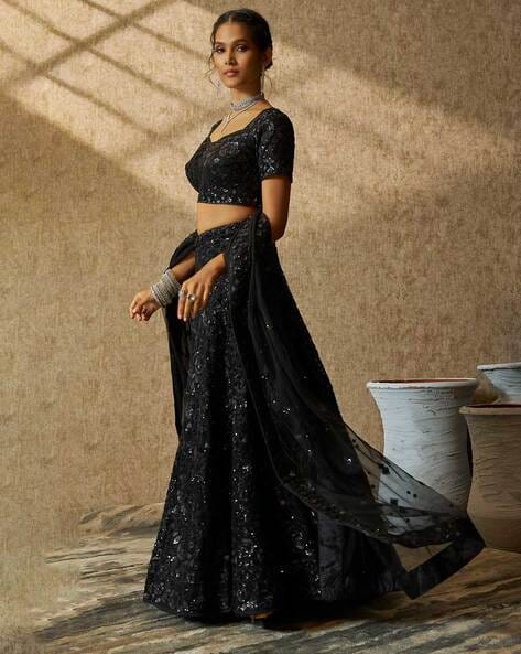 Designer Black Thread And Sequins Embroidered Georgette Semi