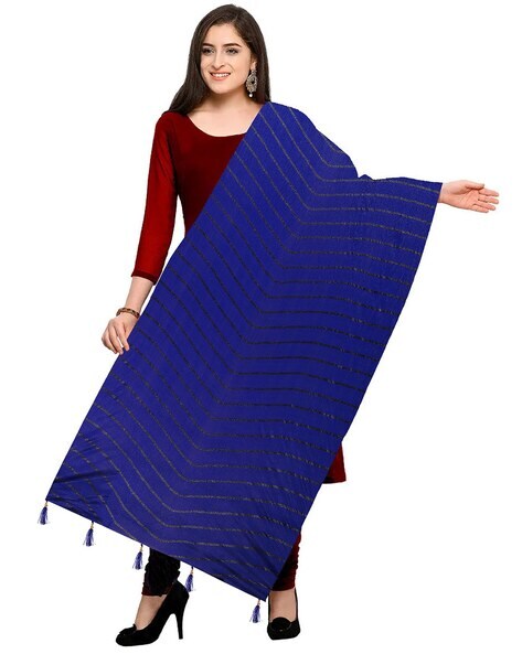 Women Striped Cotton Dupatta with Tassels Price in India