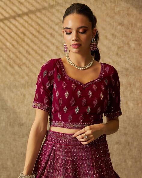 Wine Colour Raw Silk Lehenga Choli Set With Embellished Floral Jaal