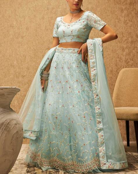 Blue intricate stone & silver thread embroidered unstitched semi-satin  lehenga,contrast sliver embroidered satin dupatta