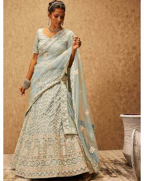 Chiku And Blue Latest Banarasi Lehenga With Double Dupatta