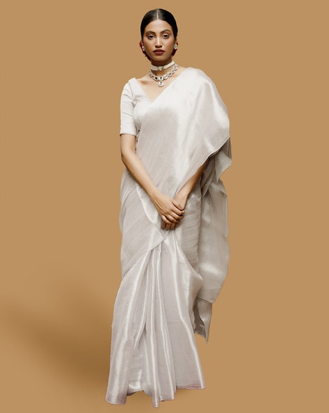 White Plain Liquid Organza Saree With Pearl Work Lace Border – Fabcurate