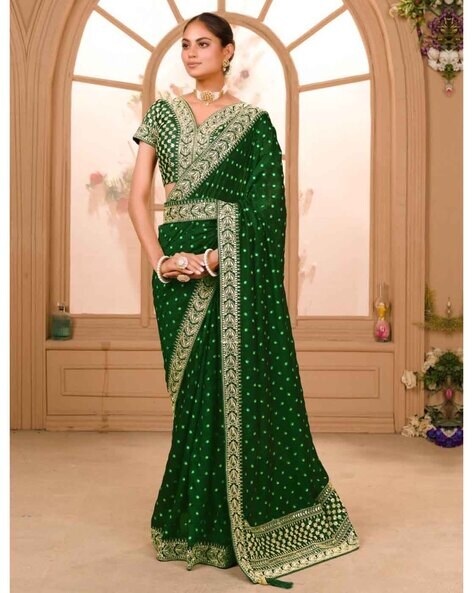 Vichitra Silk Embroidery Saree In Bottle Green Colour