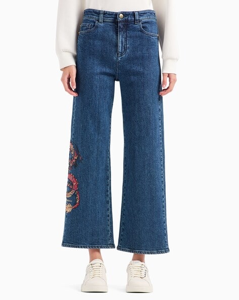 oan】(Unisex) Rear Bijou Denim Pants Gold Logo On Back