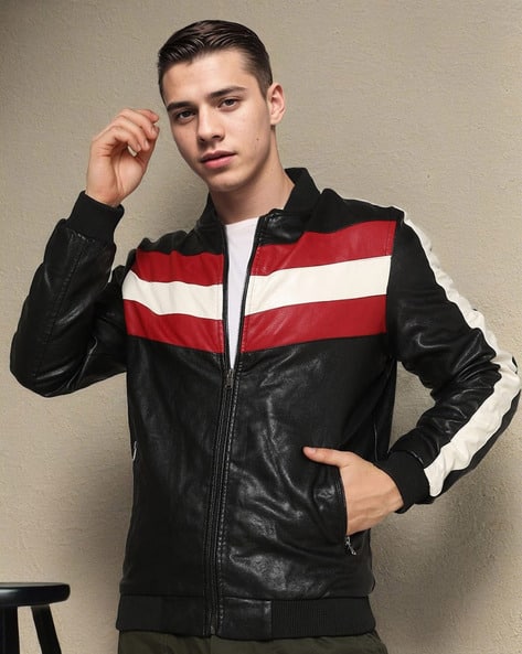 Colourblock Slim Fit Zip-Front Jacket with Band Collar