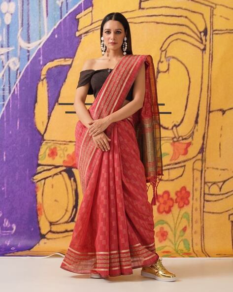 Mustard Yellow and Magenta Pink Banarasi Jute silk saree with Blouse –  Jumbora