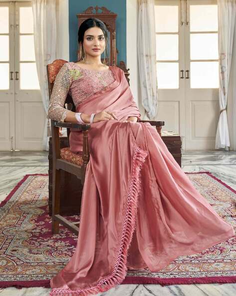 Buy Peach Sequins Georgette Saree - Koskii