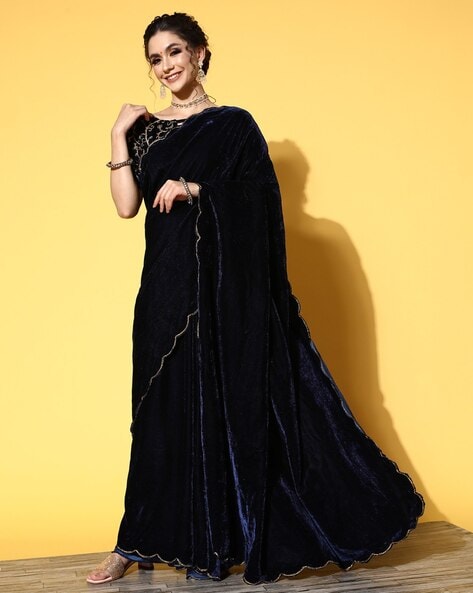 Midnight Blue Velvet Draped Saree Set Design by Priyanka Jain at Pernia's  Pop Up Shop 2024