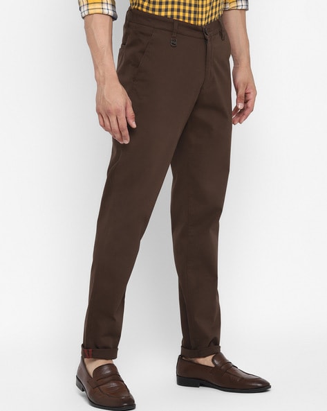 Buy Men Brown Solid Slim Fit Trousers Online - 177443 | Van Heusen