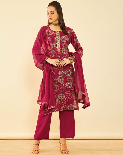 Chanderi Maroon Dress-Materials For Women at Best Price From Soch - Maroon  Chanderi Printed And Embroidered Dress Material With Embellished Buttas