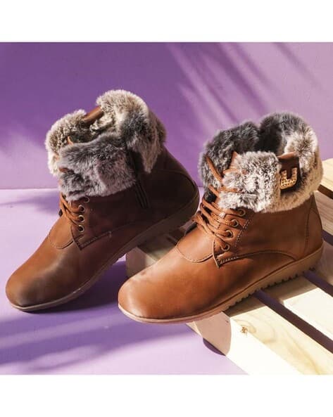 Ankle Boots Womens Brown Boots With Fur Women Lace-Up Ankle-Length