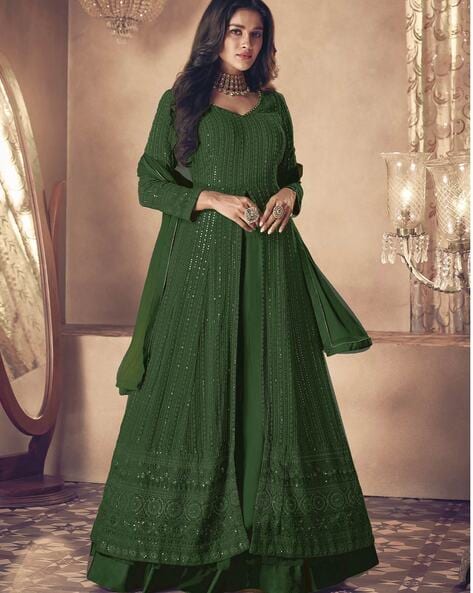 Pista Green Floral Embroidered Net Anarkali Style Gown