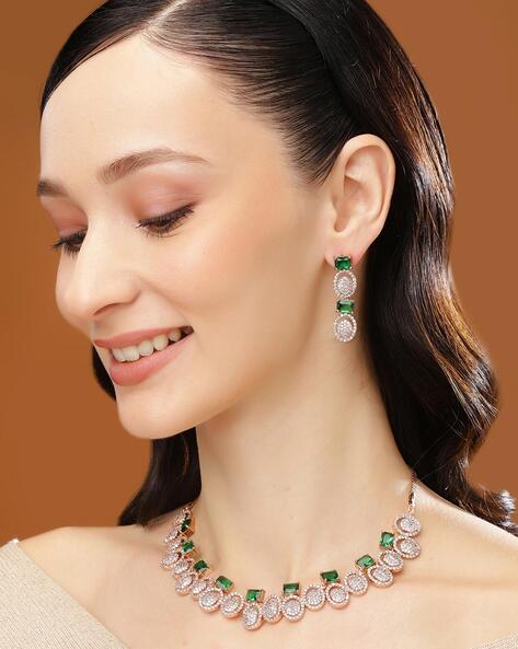Beautiful and Elegant American Diamond Necklace Set with Emerald colored  stones set in Rose Gold