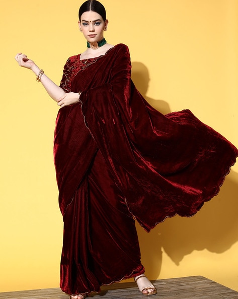 Buy Maroon Embroidery Work Lycra Velvet Saree Online