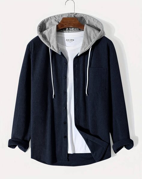 Men Regular Fit Hooded Shirt with Patch Pocket