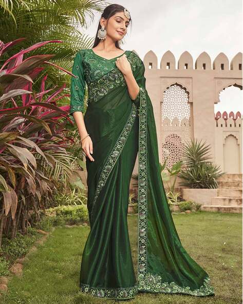 Banarasee Handloom Pure Linen By Tissue Metallic Shine Saree-Green