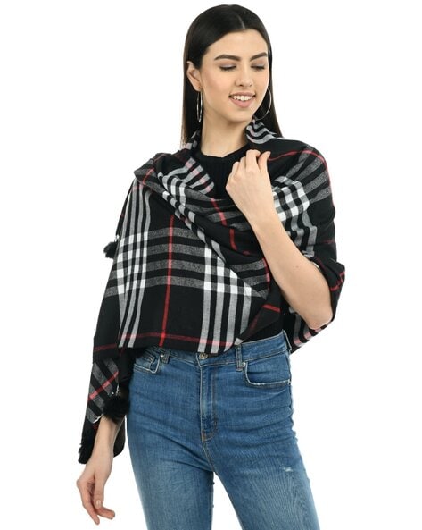 Women Pom-Pom Tasselled Checks Stole Price in India