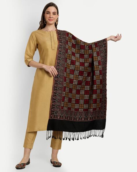 Women Houndstooth Patterned Stole with Fringes Price in India