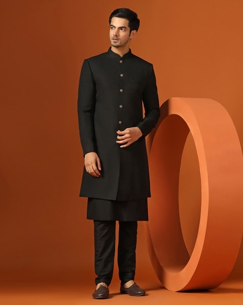 Readymade Collection Men Sherwani in Black Embroidered Fabric MSTV01344