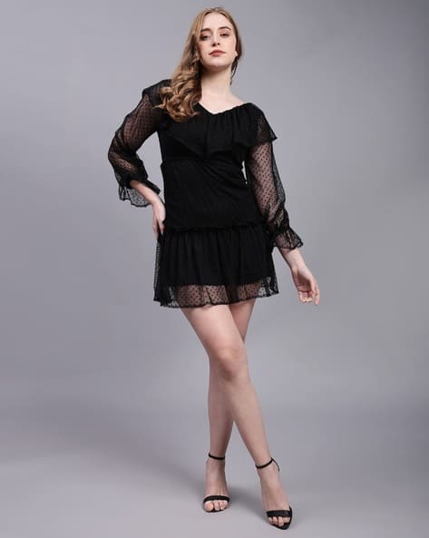 Women Fit Flare Dress with Lace Detail