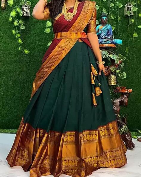 Green Embroidered Silk Blend Semi Stitched Lehenga Choli Wit