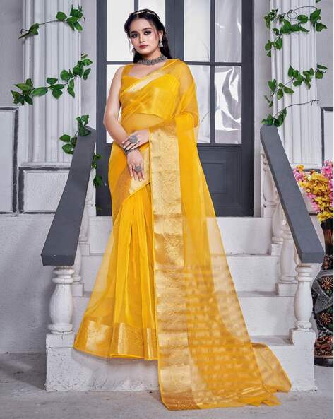 Organza Sarees : Yellow floral printed organza saree