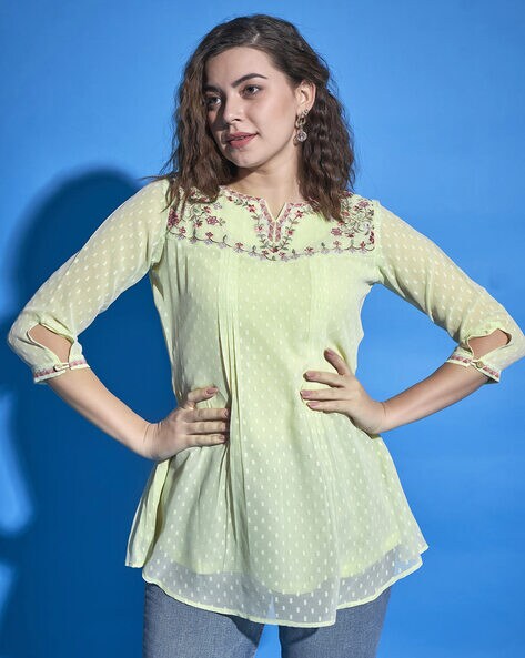 Floral Embroidered Top with Curved Hem