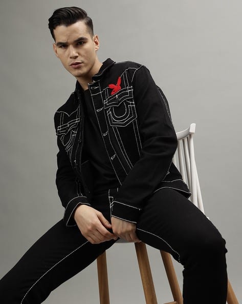 Buy TRUE RELIGION Embroidered Regular Fit Denim Jacket Black