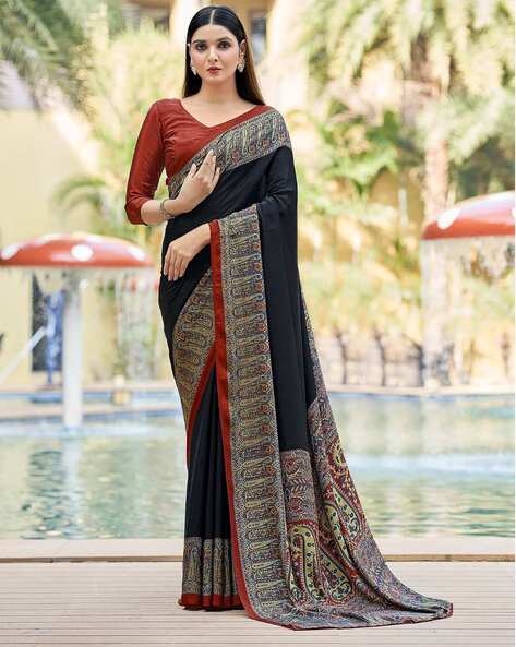 Buy Peacock Blue Swarovski Semi Crepe Saree - Koskii