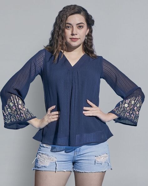 V-Neck Top with Embroidered Sleeves