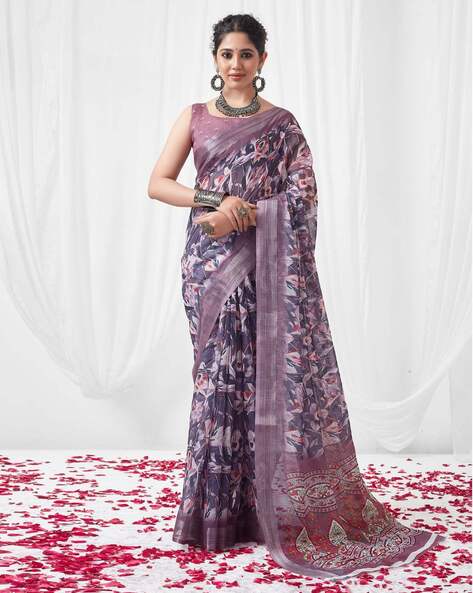 Digital Print Linen Carnation Pink Floral Saree|SARV117577